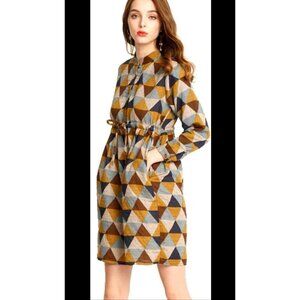 Ashir Aley Geometric Artsy Dress Size XL Mini Long Sleeves Pockets Casual Work